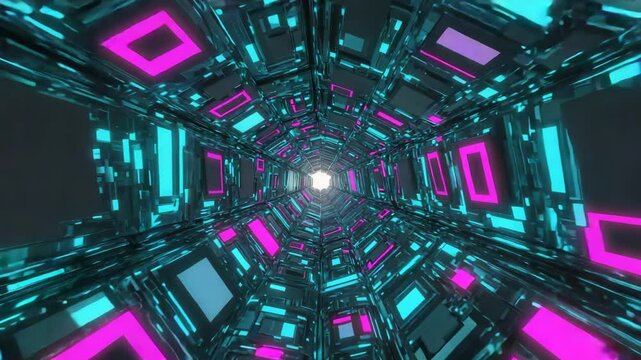 complex digital kaleidoscope tunnel of glowing circuit board elements with bright lights, loop animation for high-tech sci-fi design