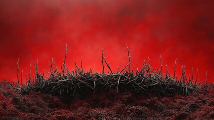Apocalyptic landscape thorny branches on red soil under a fiery sky