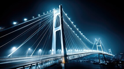 Obraz premium A modern suspension bridge illuminated at night with bright lights, spanning across a river in an urban setting.