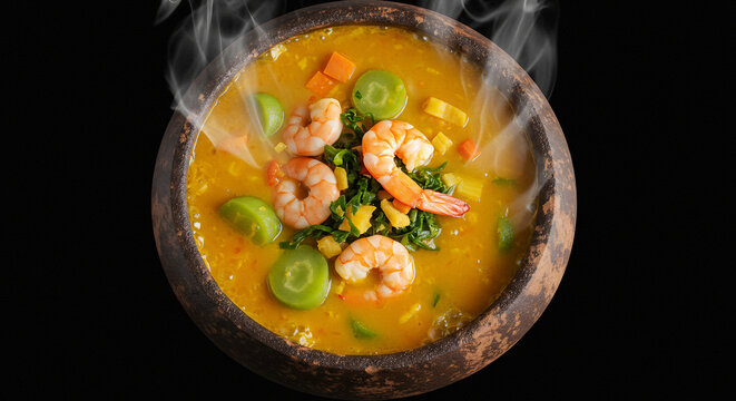 Tacac&aacute; fumegante servido em cuia com goma, jambu e camar&atilde;o, fotografia em estilo amaz&ocirc;nico