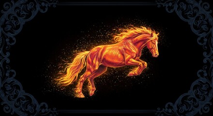 Fiery orange horse jumping against a dark background, concept of Year of the Red Fire Horse  