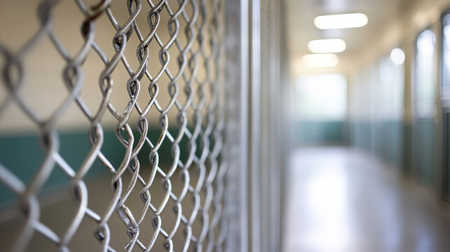 Chain Link Fence in Animal Shelter. A close-up view of a chain-link fence with a blurred hallway in the background. The image provides a glimpse into an animal shelter or adoption center.