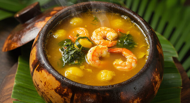 Tacac&aacute; fumegante servido em cuia com goma, jambu e camar&atilde;o, fotografia em estilo amaz&ocirc;nico