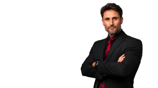 Confident businessman with arms crossed, looking forward, cut out transparent
