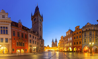 Historic Old Town Square with city buildings at dawn in Prague Czech Republic