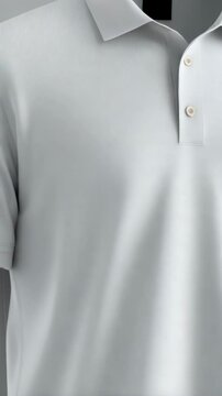 Studio shot of a white short sleeve collared polo shirt with two buttons, textured fabric detail and black label patch isolated on a gray background
