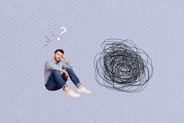 Image 3d zine full collage of overwhelmed guy sit question mark contemplation idea finding scribble...