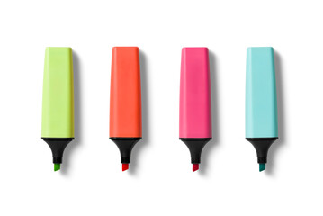 Set of four colorful highlighter pens in various hues  isolated on a transparent background, PNG. High resolution.