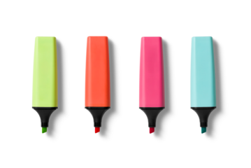 Set of four colorful highlighter pens in various hues  isolated on a transparent background, PNG. High resolution.