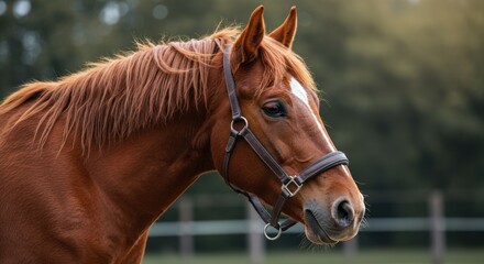 Obraz premium Chestnut horse in profile with bridle in natural outdoor setting 