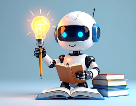 A cute robot sits reading a book, holding a pencil-like lightbulb