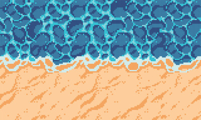 Water and sand pixel art backdrop, background. Sea or ocean beach  seamless pattern textures 8 bit platform tiles. Game development, mobile app template. Texture grid vector illustration. 
