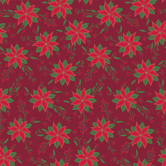 Seamless Christmas Poinsettia On Burgundy Background For Gift Wrap Paper And Fabric Print