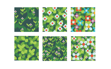  Grass, leaves and flowers pixel art square blocks. Meadow, garden seamless pattern textures 8 bit platform tiles. Game development, mobile app template. Texture grid vector illustration.