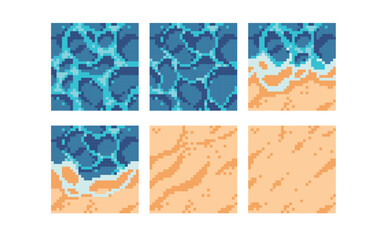 Water and sand pixel art square blocks. Sea or ocean beach  seamless pattern textures 8 bit platform tiles. Game development, mobile app template. Texture grid vector illustration. 