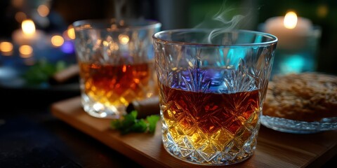 Warm glasses of whiskey sit on a wooden board surrounded by candles and treats in a cozy evening setting by the fireplace
