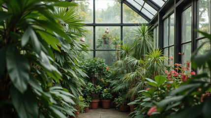 Lush greenery fills serene greenhouse, showcasing variety of plants in pots, creating tranquil and inviting atmosphere