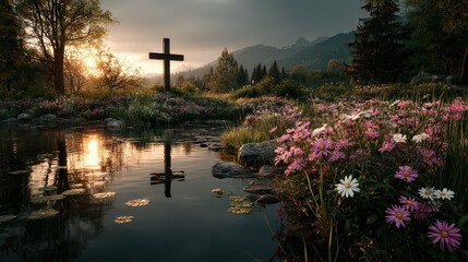 Tranquil sunset by a lake with flowers and a cross in the mountains during early evening