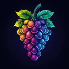 Colorful grape bunch depicted with vibrant hues and lush leaves against a dark background highlighting their freshness and richness