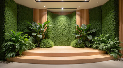 Serene indoor space featuring lush green plants and textured moss wall, creating calming atmosphere for relaxation or events