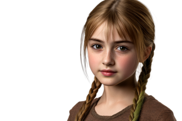 Portrait of serene fair skinned girl with braids, cut out transparent