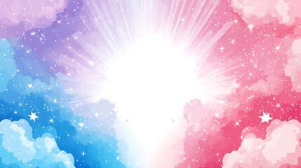 Adorable kawaii style pastel cartoon background with soft blue and pink tones, dreamy star explosion cloud and large empty white space in the center for text or design, ideal for cute animation