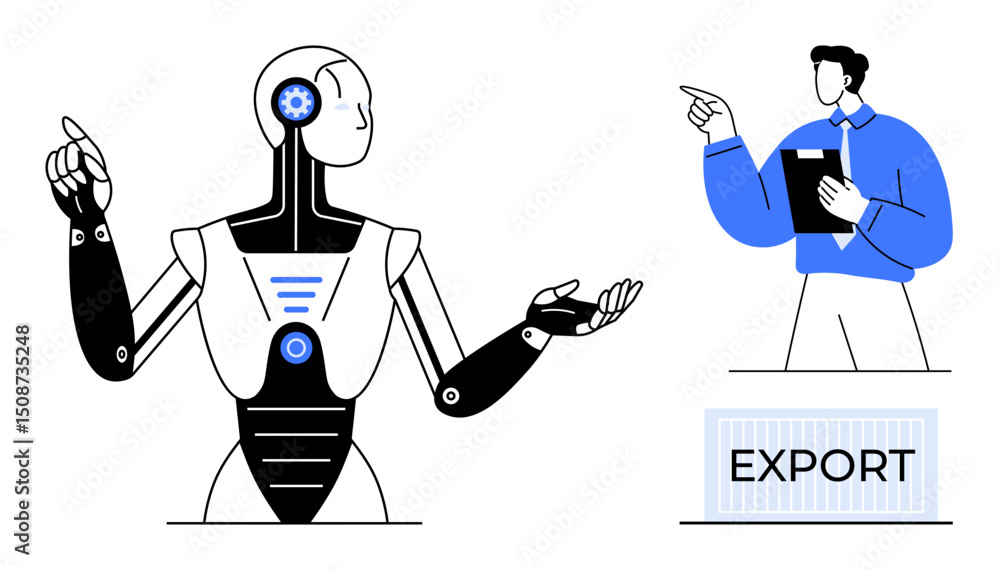 Poster robot gesturing in conversation with businessman holding clipboard, next to export container. ideal 
