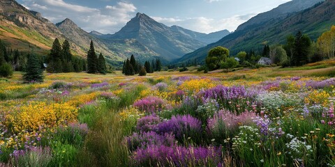 Colorful wildflower meadow in a mountainous region during daylight hours