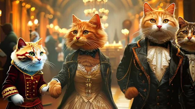 A whimsical scene featuring elegant cats in formal attire, poised for a grand ball. This artistic portrayal blends charm and creativity, perfect for cat lovers.