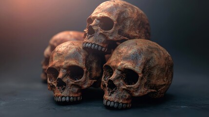 Stacked skulls, dark background, Halloween concept, horror