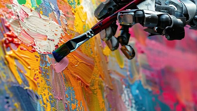 Robotic hand of a cyborg with artificial intelligence, painting an abstract colorful picture with a brush and paint on the canvas. creativity and image generation with AGI