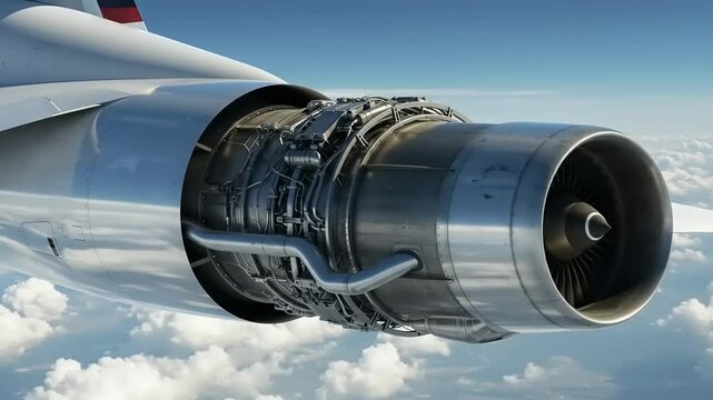 Close-up view of a modern aircraft engine in flight, showcasing advanced technology against a blue sky