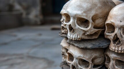 Obraz premium Skulls stacked outdoors, temple background, death, cultural ritual