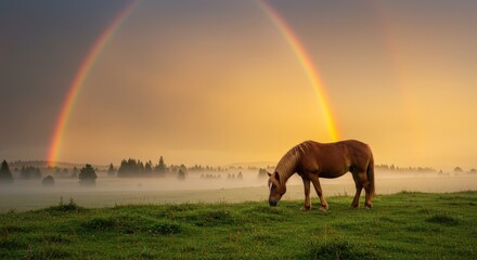 Horse grazing in a misty field under a double rainbow at sunset