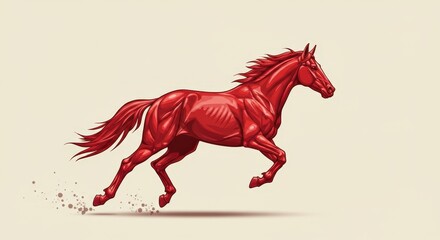 Running red horse illustration with visible muscle structure  
