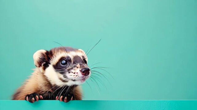 This captivating close-up features a curious ferret peeking over a bright teal background, showcasing its playful expression and soft fur, perfect for animal lovers.