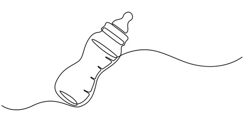Obraz premium Baby feeder bottle one continuous line drawing concept of baby care minimalist, Continuous one line drawing of baby feeding bottle. Baby drink bottle with love outline vector illustration. Editable. 