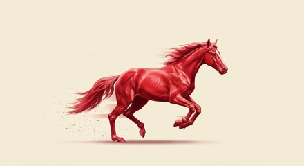 Red horse running dynamically against a soft beige background  