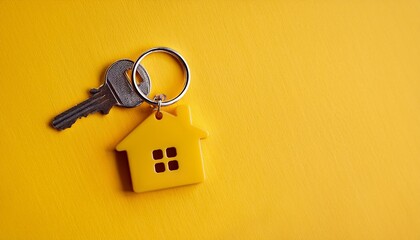 House keys with small yellow house keychain on vibrant yellow backdrop. Real estate concept, home ownership, new beginning. Mortgage, property purchase, investment, new apartment, rent, sales.