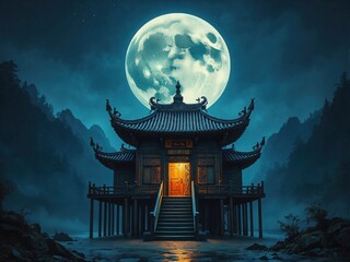 Moonlit Pavilion Over Water at Night