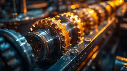 Close-Up of Industrial Gear Mechanism with Warm Lighting Effects
