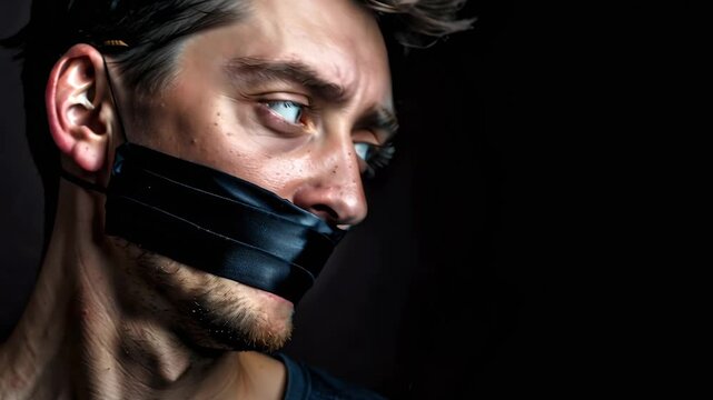 Man with a black tape covering the mouth to censor freedom of expression turning his head. Close up on black background, to deal with misinformation, fake news and media control as a social problem
