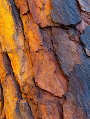 Naklejka premium Close-up of textured bark showcasing vibrant orange and dark hues, highlighting natural beauty