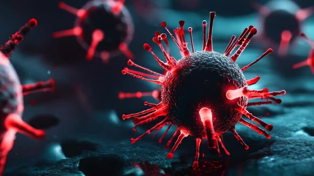 Detailed close-up image of a red and blue virus structure showing intricate molecular features, highlighting aspects relevant to infection and disease research.