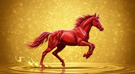Red horse running through golden water with sparkling background  