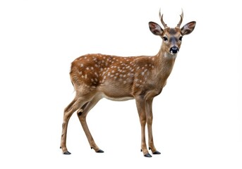 Obraz premium Spotted deer standing isolated on a white background, looking at the camera