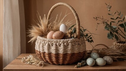 Boho Easter Basket with Earth-Toned Eggs and Dried Flowers on Macrame Runner

