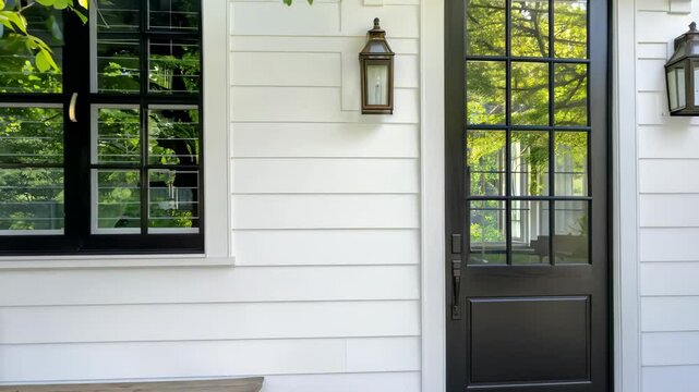 A charming front door framed by lush greenery and an inviting bench, showcasing a modern and elegant outdoor space. Perfect for welcoming guests.