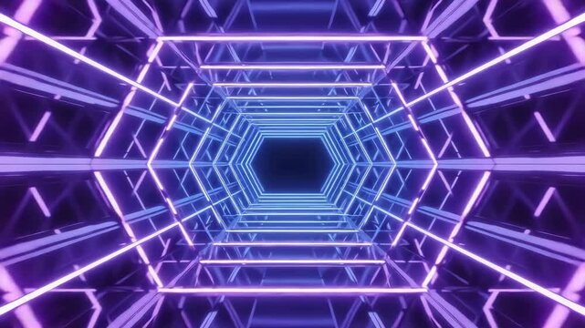 purple neon hexagonal tunnel spinning in a seamless digital loop with abstract futuristic glow and tech animation elements