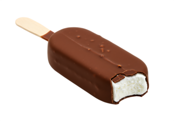 Chocolate covered ice cream bar with a bite taken Isolated on transparent background